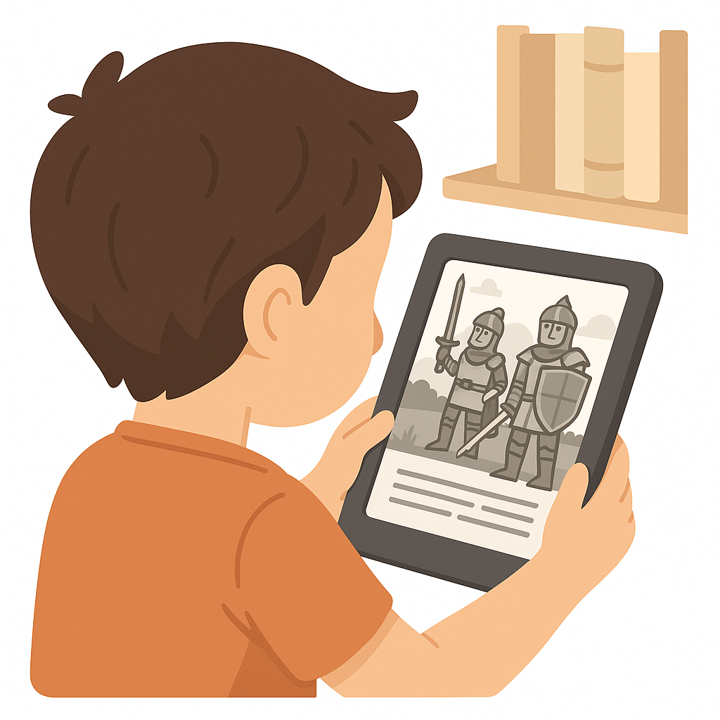 Criança lendo um e-book em um leitor de e-books